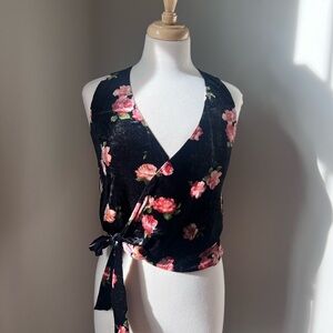 Aqua Floral Velvet Wrap Top with Tie Front Women’s Size S